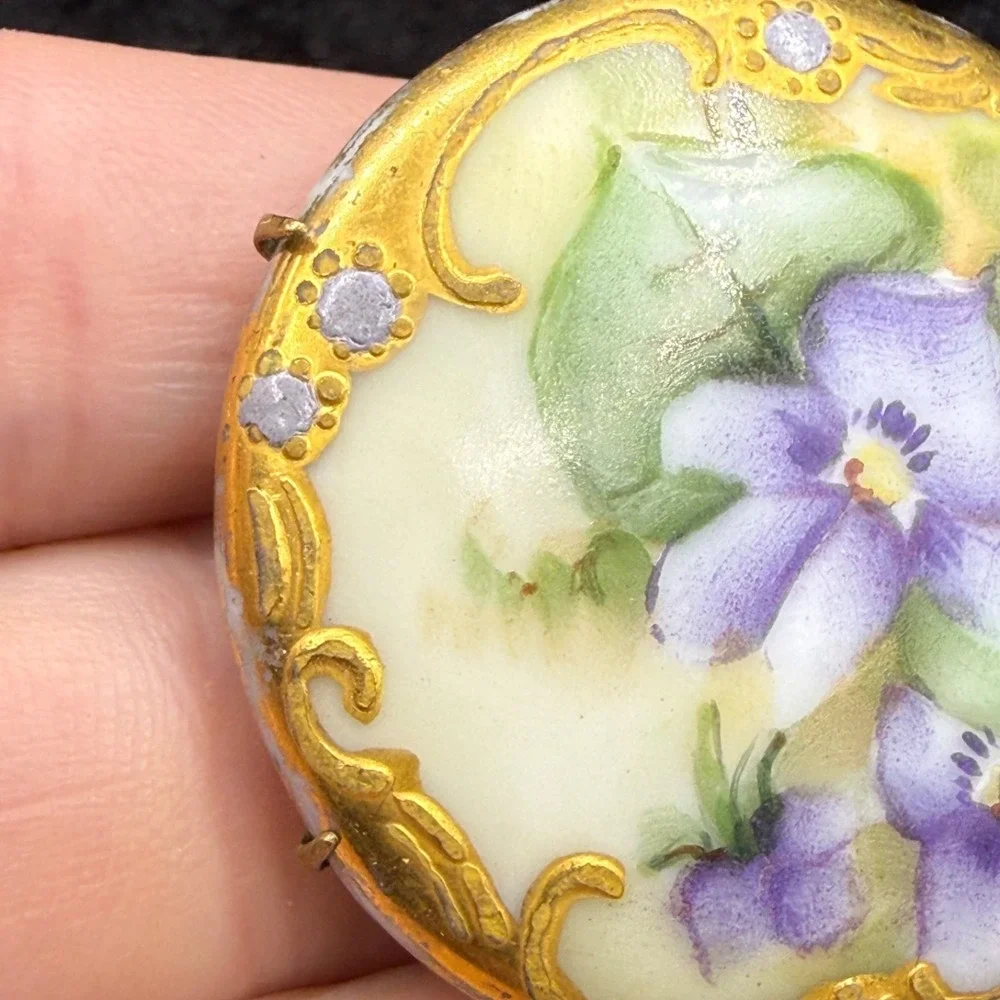 Vintage Victorian Hand Painted Porcelain Brooch Gold Purple Violets